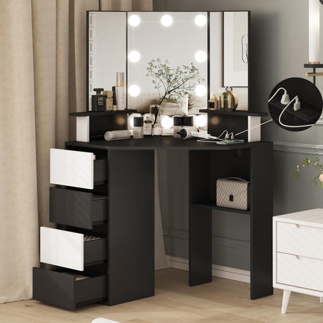 Fameill 42'' Corner Vanity Desk with Lighted Mirror & Power Strip, Black Makeup Vanity Desk, Makeup Dresser with 4 Drawers and Shelves, 3 Color Lighting Modes, Brightness Adjustable Fameill