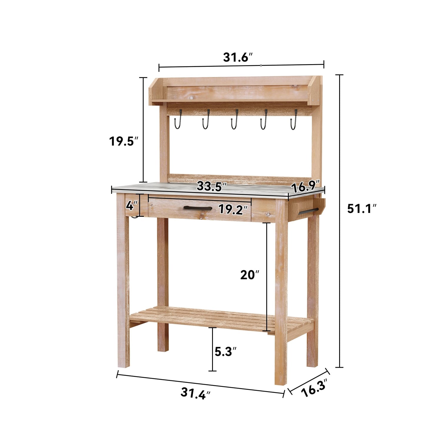 HOLTICO Outdoor Potting Bench Table with Metal Tabletop, Planting Table Potting Work Station with Storage Drawer and Removable Shelf Rack, Garden Potting Table for Outdoors - WoodArtSupply