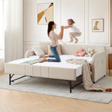 Twin Size Daybed with Pop Up Trundle Bed,Velvet Twin to King Size Day Bed Frame with USB Ports&Side Pockets,Extendable Upholstered Wooden Sofa Bed for Bedroom,Living Room,No Box Spring Needed,Beige JEEOHEY