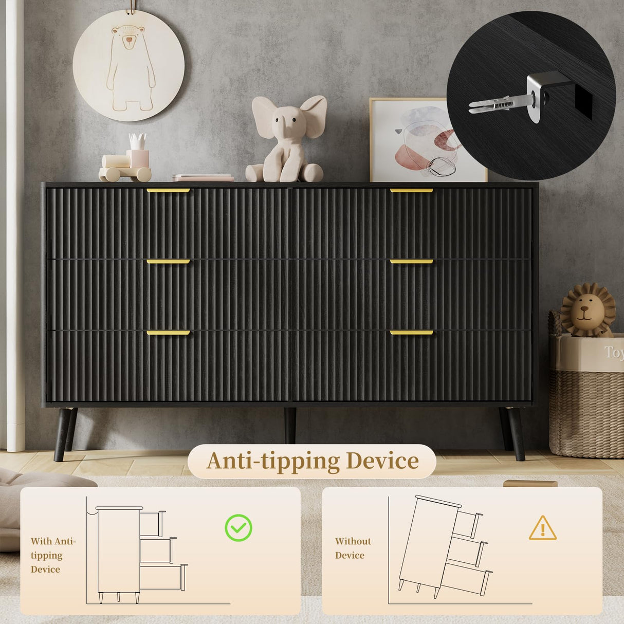 LYNSOM 6 Drawers Fluted Dresser for Bedroom, 55" Wide Modern Chest of Drawers with Metal Handle and Curved Profile Design, Dresser TV Stand, Wood Drawer Organizer for Living Room, Hallway, Black LYNSOM