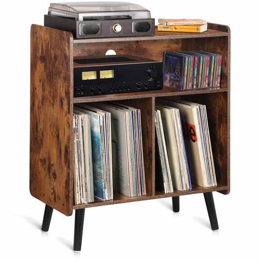 Possile 3-Tier Mid-Century Vintage Record Player Stand and Vinyl Storage Cabinet in Rustic Brown - WoodArtSupply