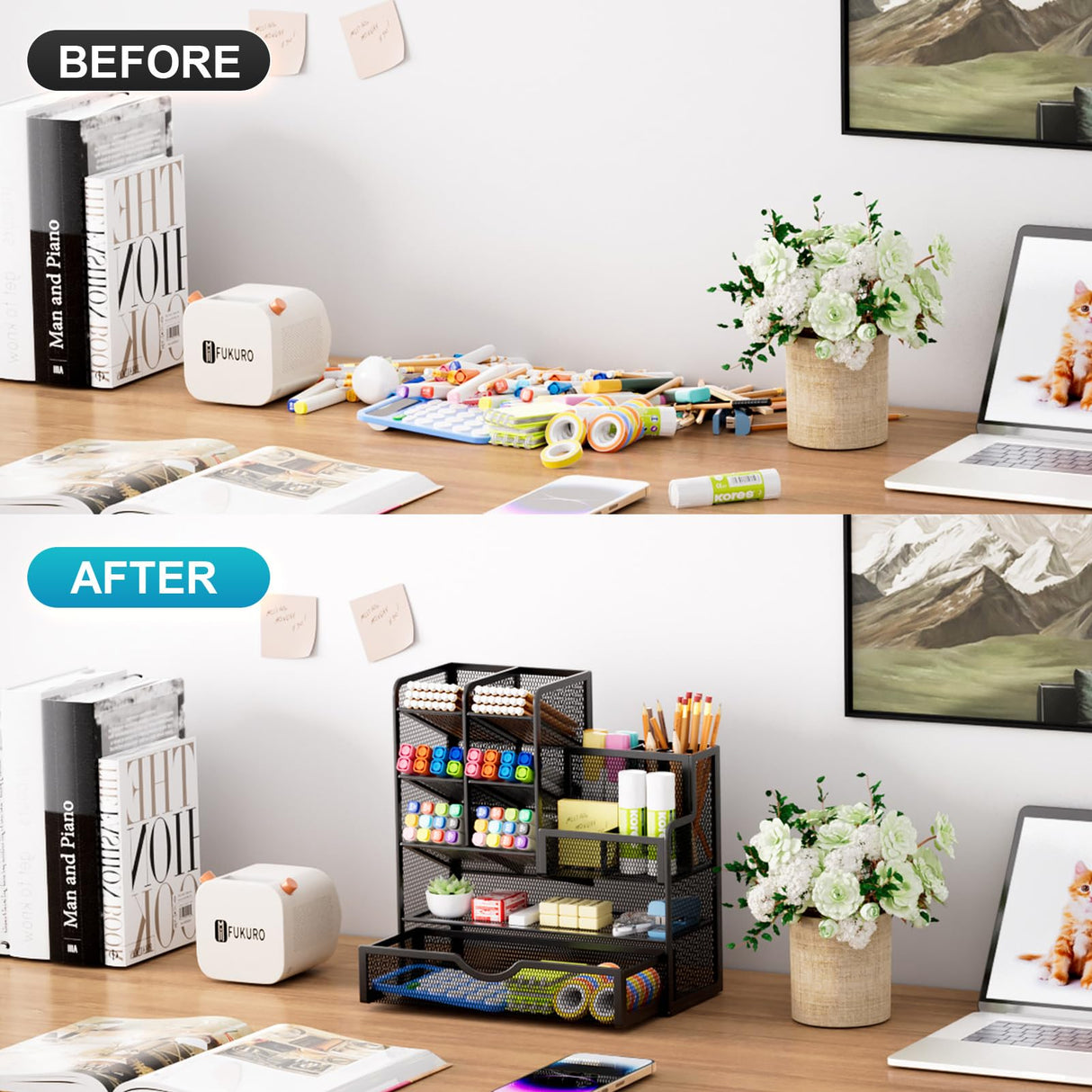 Marbrasse Mesh Pen Holder for Desk, Multi-Functional Pencil Organizer with Drawer, Desk Organizers and Accessories for Office Art Supplies (Black) Marbrasse