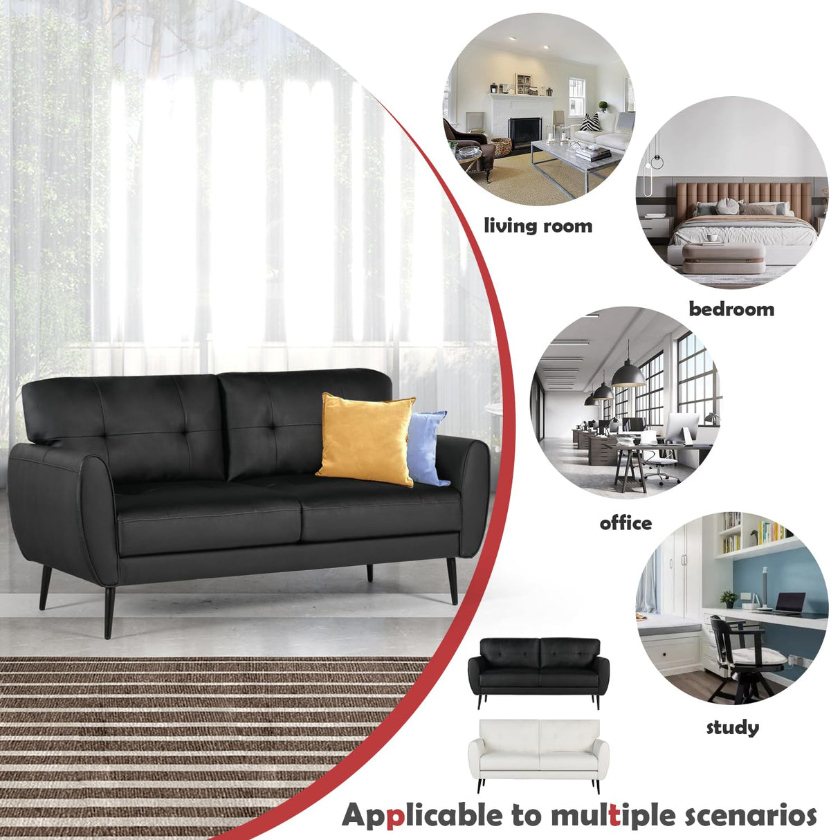 VAMEPOLE Sofa Couch, 60" Loveseat Sofa for Living Room, Mid Century Mini Black Couch, Tufted Leather Love Seat Furniture, Comfy Office Sofa 2 Seat, Small Couches for Small Spaces, Bedroom, Apartment VAMEPOLE