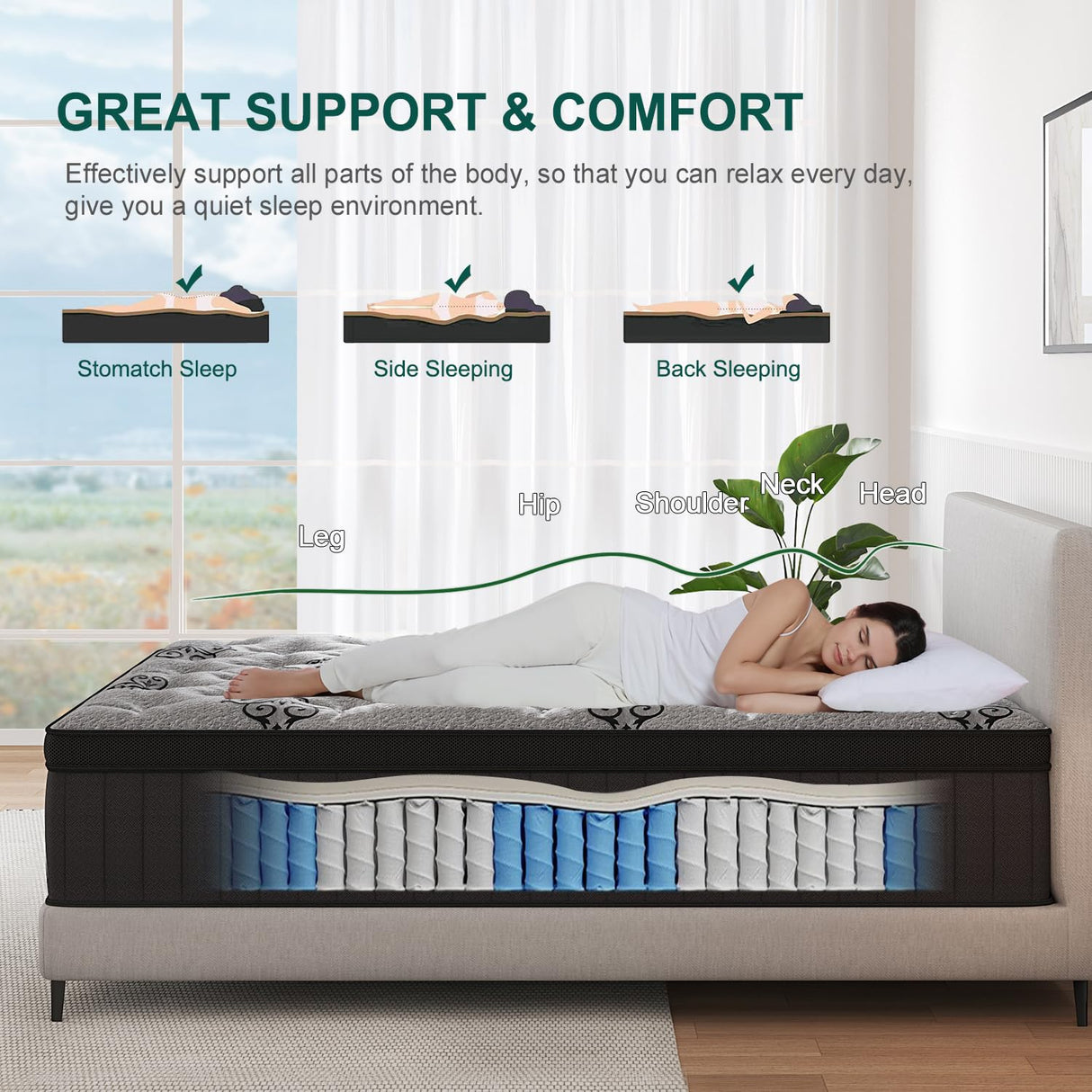 VISCOUNTESS Twin Mattress, 14 Inch Hybrid Mattresses Bed in a Box with Gel Memory Foam & Pocket Spring, Euro Top, Medium Firm for Back Support & Pressure Relief, Motion Isolation, Grey VISCOUNTESS