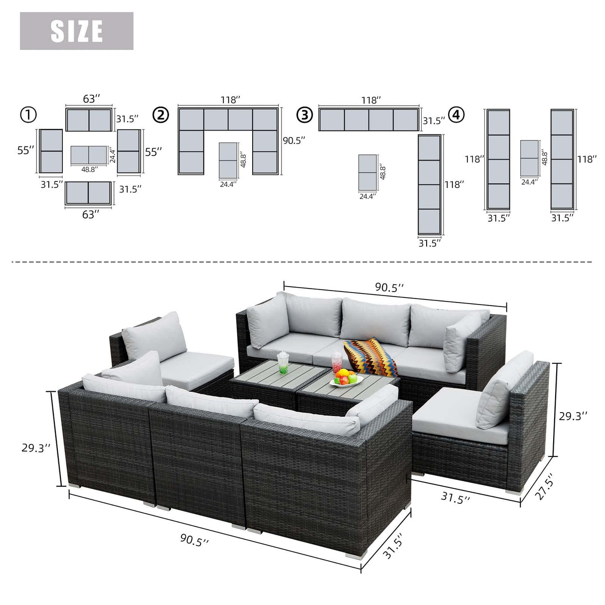 NICESOUL® 10 Pieces Large Size PE Rattan Outdoor Patio Furniture Sectional Sofa Sets with Side Tables Outdoor Wicker Conversation Sets Modern Luxury 29.3'' High Back Gray NICESOUL
