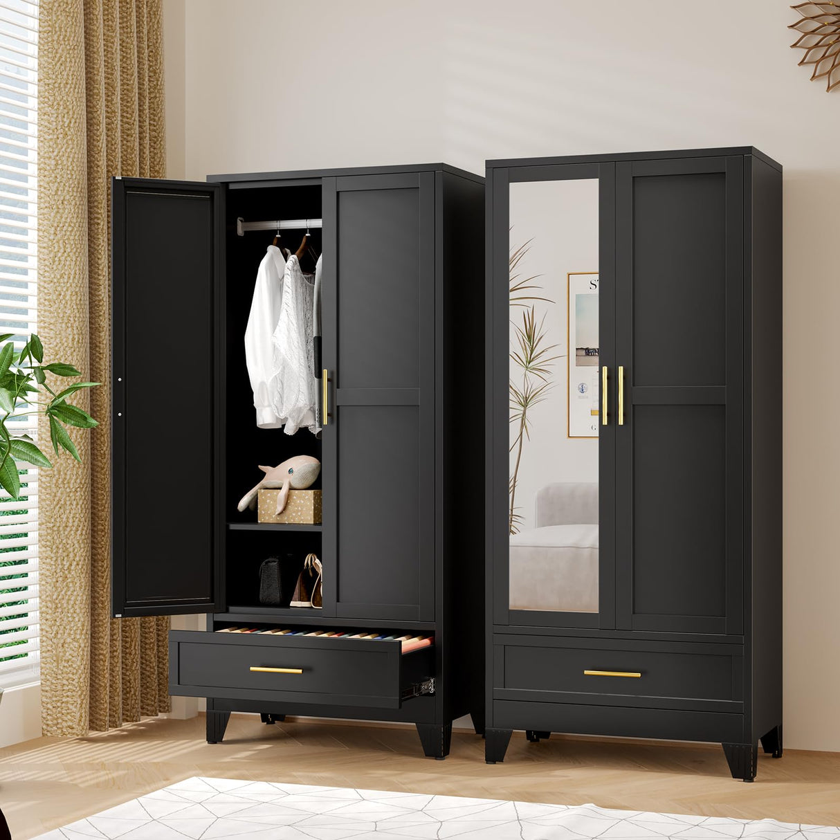 baoliwo Metal Armoire Wardrobe Closet Storage Cabinet with Mirror, 71'' Wardrobe Cabinet with Hanging Rod Metal Closet with Adjustable Shelf and Drawer for Bedroom, Laundry Room, Cloak Room baoliwo