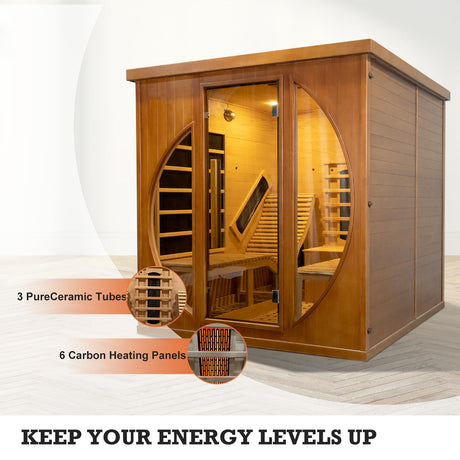 AURGOD Far Infrared Wooden Sauna Room, Luxurious Canadian Red Cedar Sauna with 2 Oversize Recliners, 220V, 3400 W, 9 Heating Element, Bluetooth Speakers, 7 Color Light, Oxygen Bar, Low EMF AURGOD