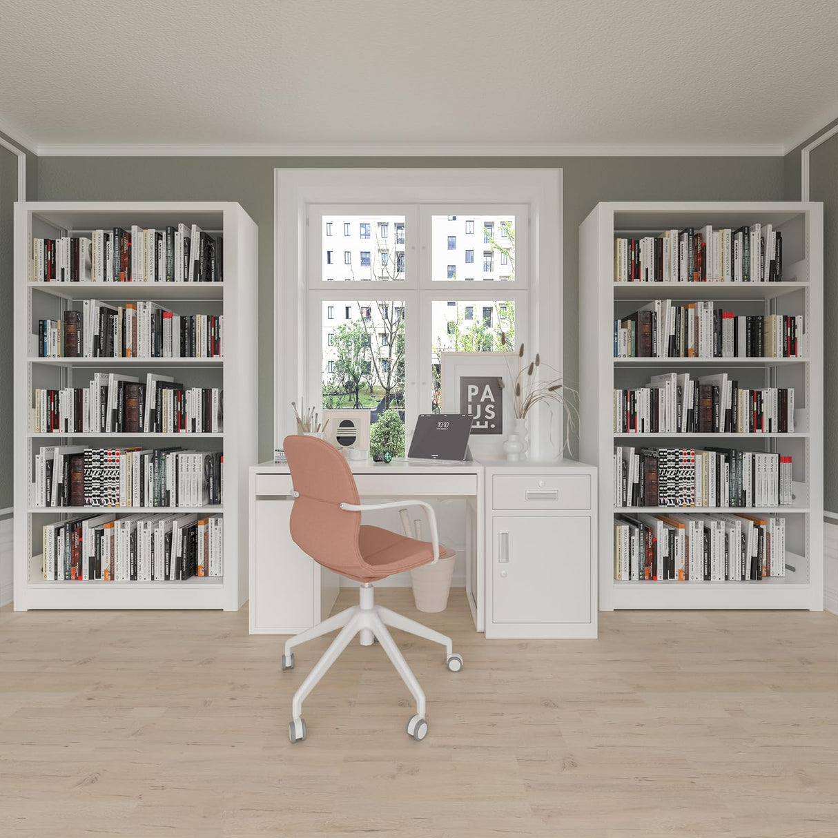 OSEILLC 5-Tier Bookshelf, White Bookshelf with Adjustable Storage Shelves, Metal Bookshelf, 69" Tall Bookcase for Living Room, Library, Office, Bedroom, Including Book Stopper OSEILLC