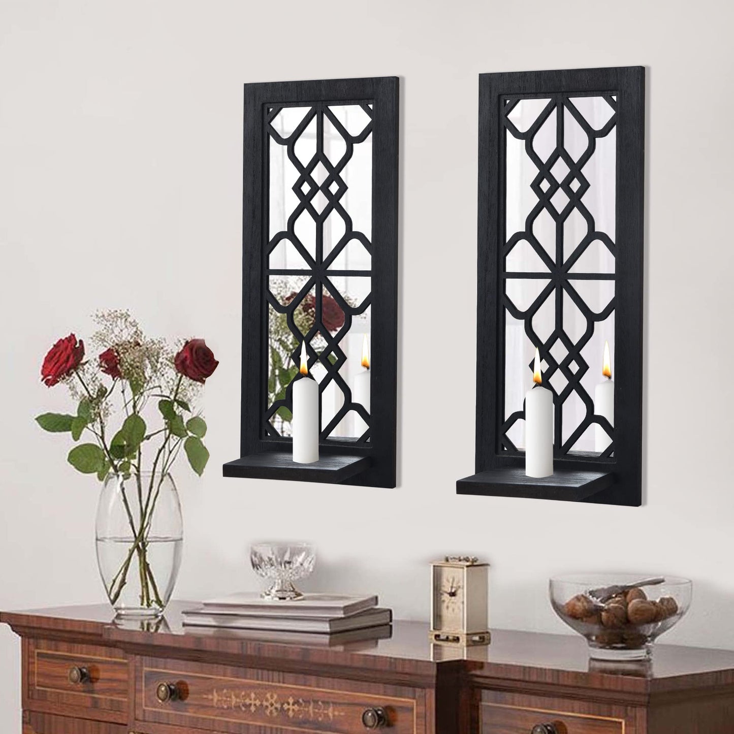 Wood Wall Sconce Candle Holder Set 2, Rustic, Wall-Mount, Farmhouse Hanging Wall Décor, Carved Wood Frame, Mirrored Candle Holder (Black) - WoodArtSupply