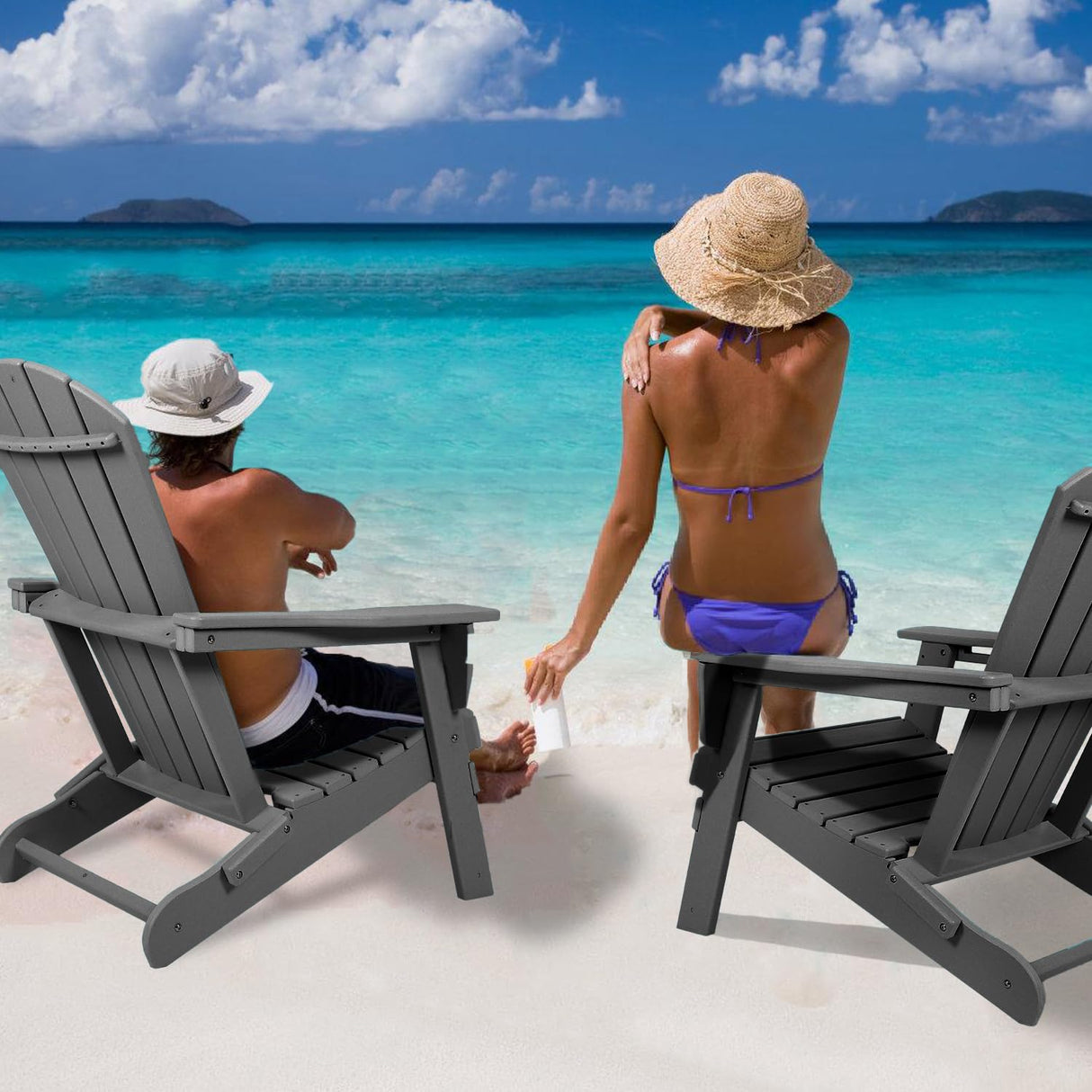 Plawdlik Folding Adirondack Chair, SGS Tested, Wooden Textured with Cup Holder, Heavy All-Weather HDPE Comfortable Set Poolside Backyard Lawn Grey set 2 Plawdlik