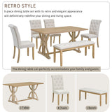 Merax 6 Pieces Wood Dining Table Set with Bench, Retro Rectangular Table with Unique Legs and 4 Upholstered Chairs & 1 Bench for Dining Room and Kitchen (Natural Wood Wash+Beige) Merax