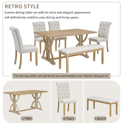 Merax 6 Pieces Wood Dining Table Set with Bench, Retro Rectangular Table with Unique Legs and 4 Upholstered Chairs & 1 Bench for Dining Room and Kitchen (Natural Wood Wash+Beige)