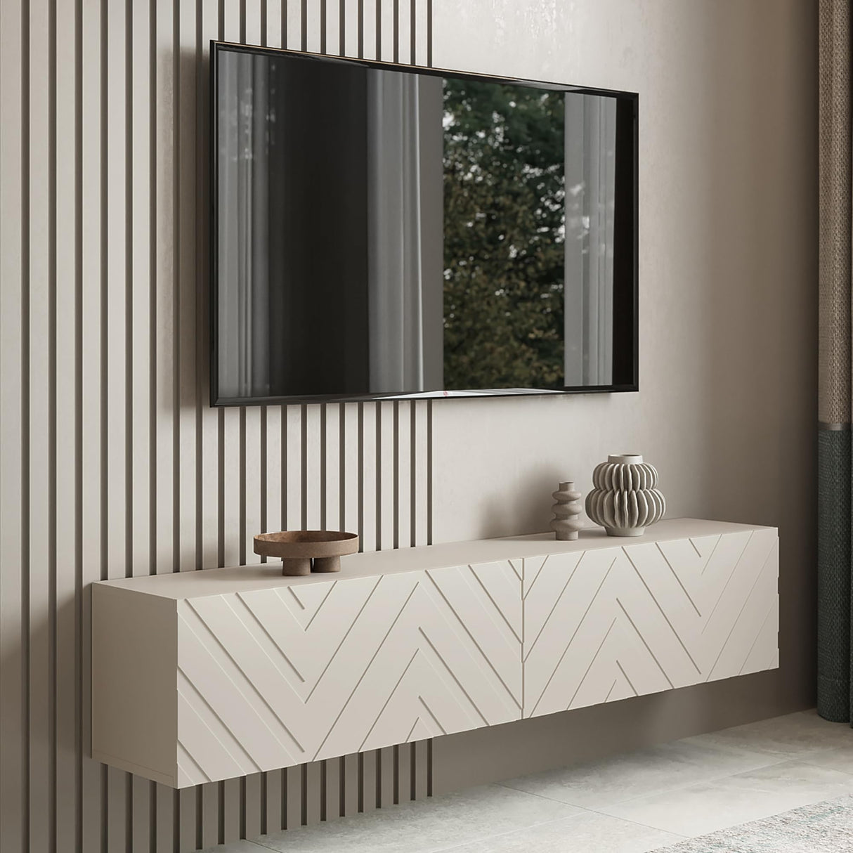 Living Skog Floating TV Stand Wall Mounted for Living Room and Bedroom, Media, Entertainment Center with Storage and Drawers Fits TV 50 55 60 65 70 inch Cabinet (Alessio Beige, 59 in) Living Skog