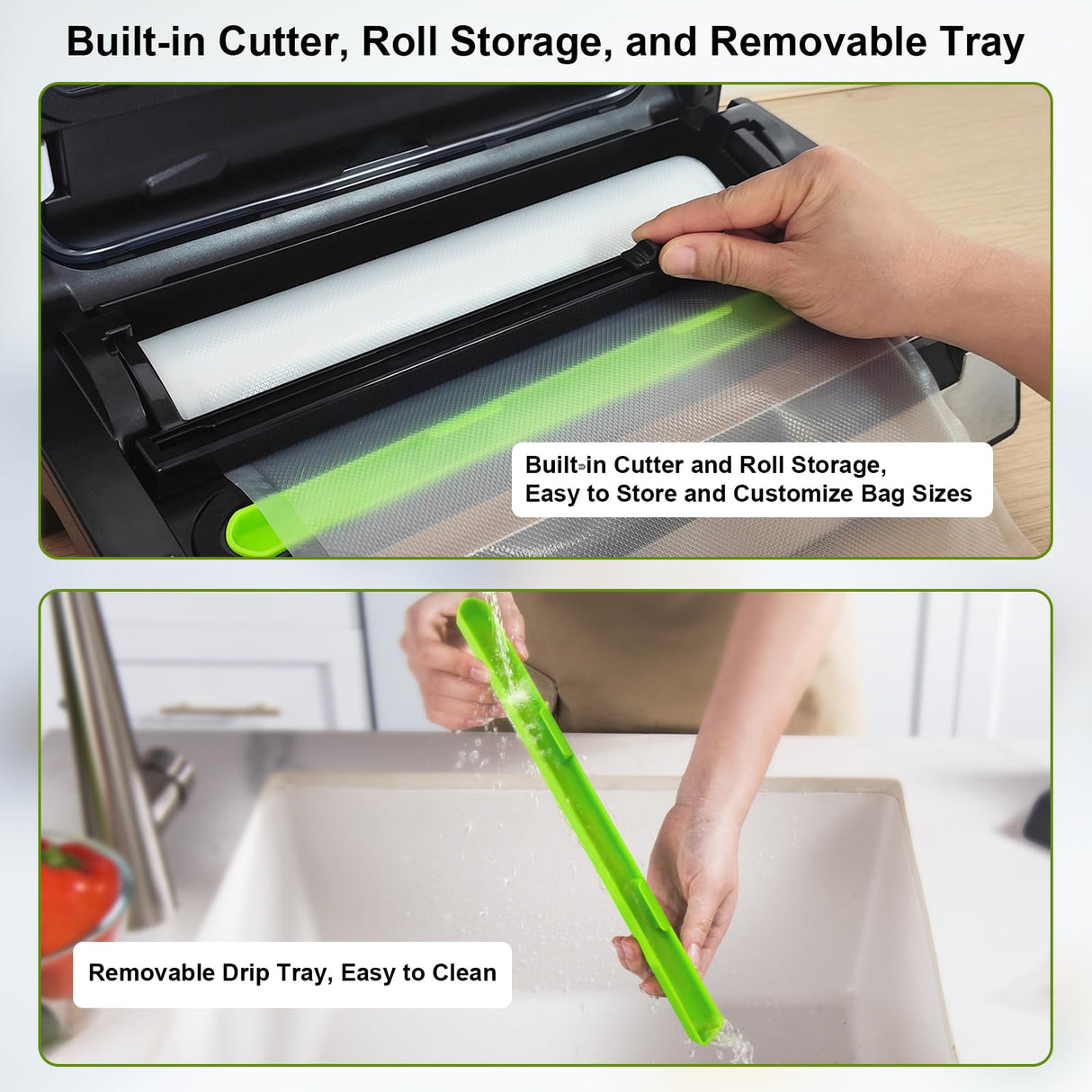 Gasbye Vacuum Sealer Machine, 95kPa Food Sealer with Double Heat Seal for Dry/Moist Food, Easy-lock Handle, Built-in Bag Storage & Cutter, Progress Display, Removable Drip Tray, Silver Gasbye