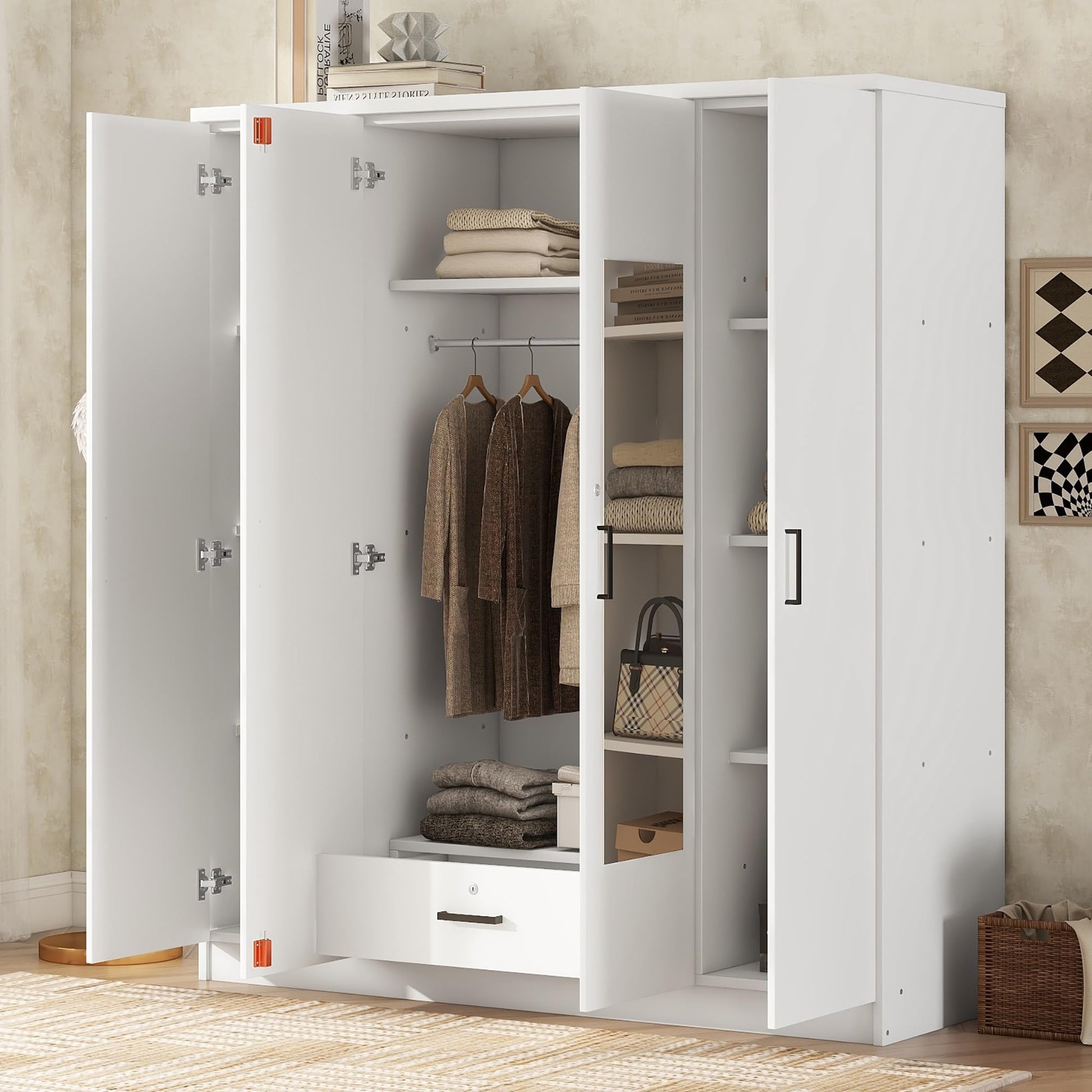 Quarte Modern 4-Door Wardrobe with Drawers, Dressing Mirror and Hanging Rail, Freestanding Armoire Wardrobe Closet,Clothes Storage Cabinet Organizer - WoodArtSupply