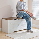 HOOBRO Farmhouse Storage Bench, Toy Box with Safety Hinges, Wooden Storage Chest with Side Storage Cubby, 47.2''L x 15.7''W x 19.5''H, for Entryway, Bedroom, Living Room, White and Walnut WH96CW01 HOOBRO