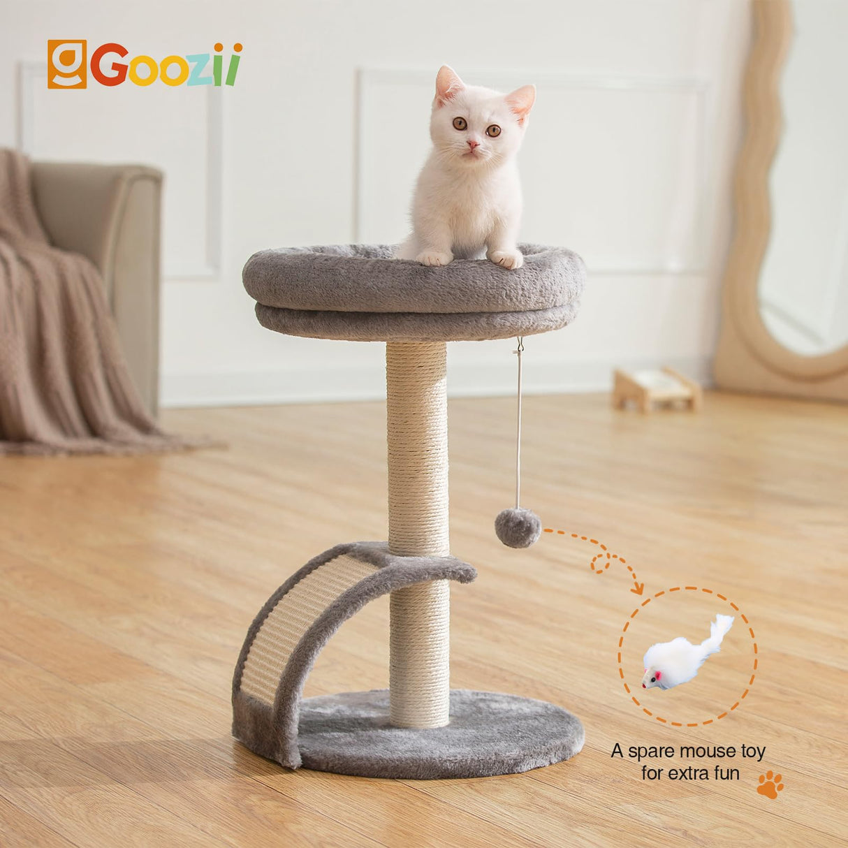 Goozii Small Cat Tree Tower with Scratching Post, Modern Kitten Tower for Indoor Cats, Short Carpet Sisal Cat Scratcher Stand with Large Bed Perch, Scratch Ramp, Toy Ball for Kitty Play (Grey) Goozii