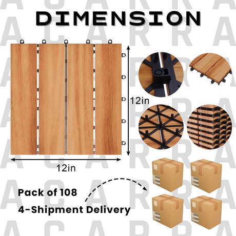 108 PCS Solid Acacia Wood Interlocking Deck Tiles - 12"x12" All Weather Waterproof, Indoor Outdoor Patio Flooring for Balcony, Backyard, Poolside Acarra