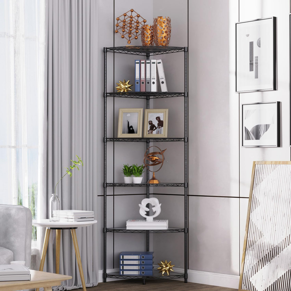 Corner Shelf Wire Shelving Unit, 6 Tier NSF Metal 420lbs Capacity Heavy Duty Adjustable Storage Rack with Shelf Liners for Closet Kitchen Bathroom Garage Basement, 72" H x 18" L x 18" D - Black pouseayar