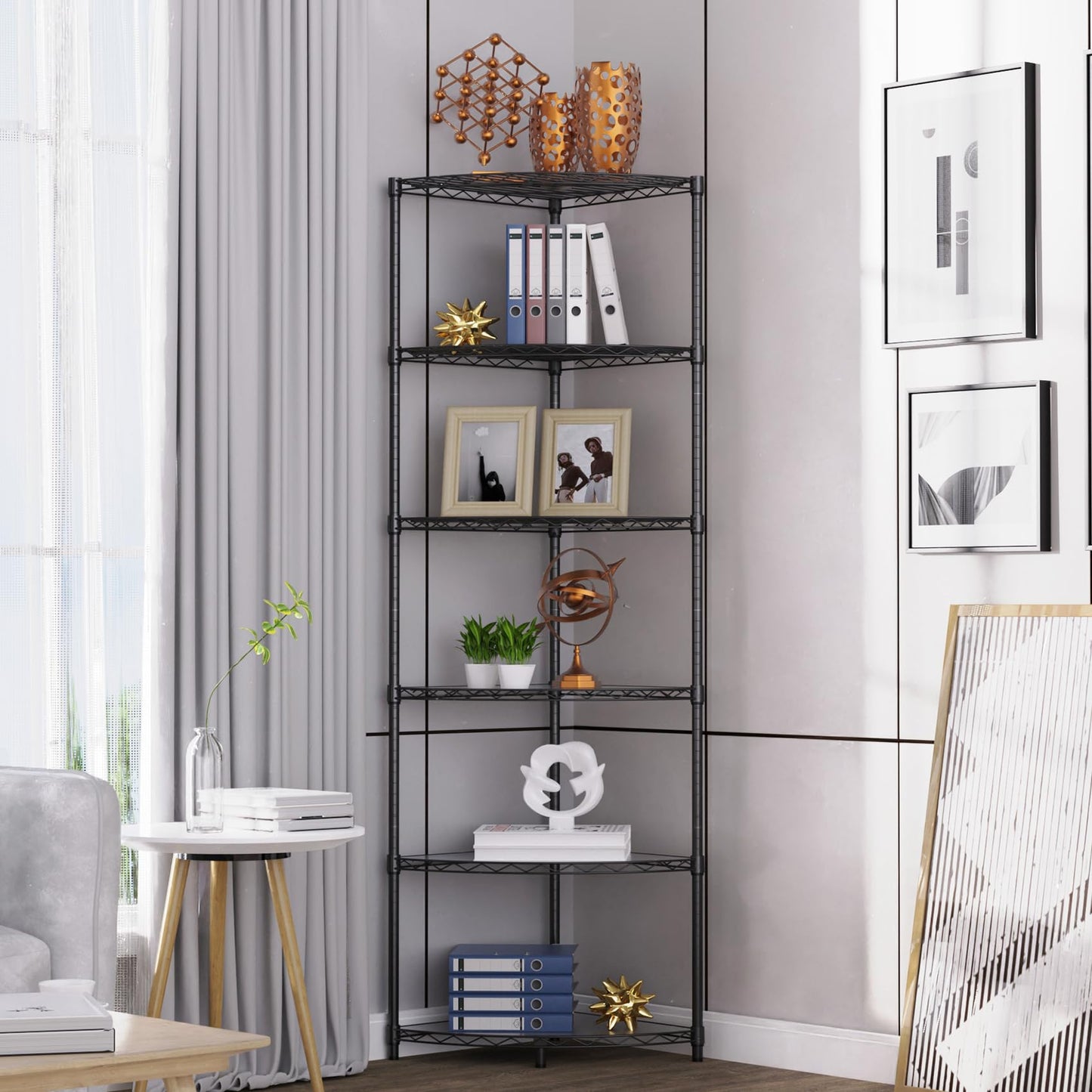 Corner Shelf Wire Shelving Unit, 6 Tier NSF Metal 420lbs Capacity Heavy Duty Adjustable Storage Rack with Shelf Liners for Closet Kitchen Bathroom Garage Basement, 72" H x 18" L x 18" D - Black