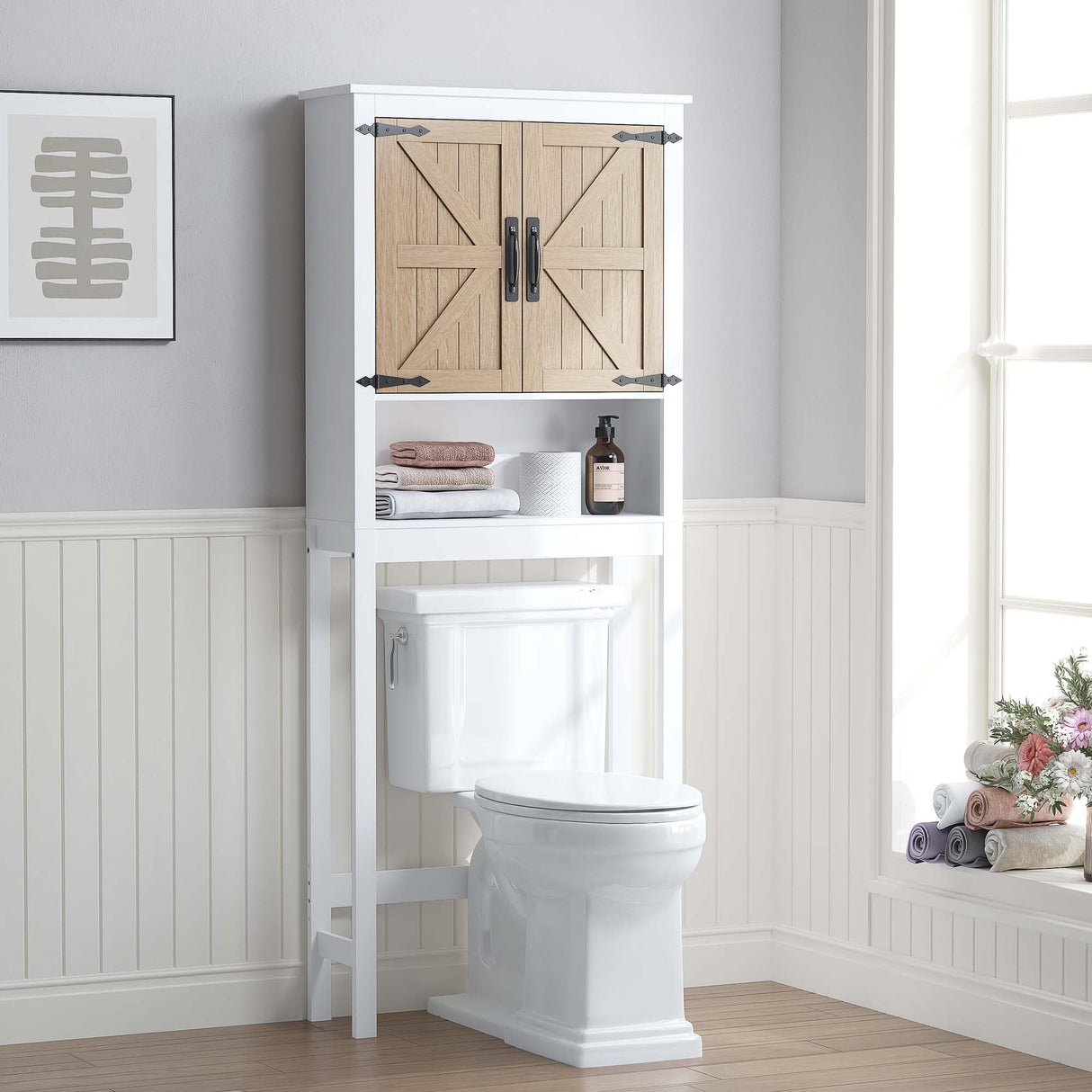 Spirich Over The Toilet Storage Cabinet, Farmhouse Over Toilet Bathroom Organizer with Wood Grain Barn Doors and Adjustable Shelves Spirich