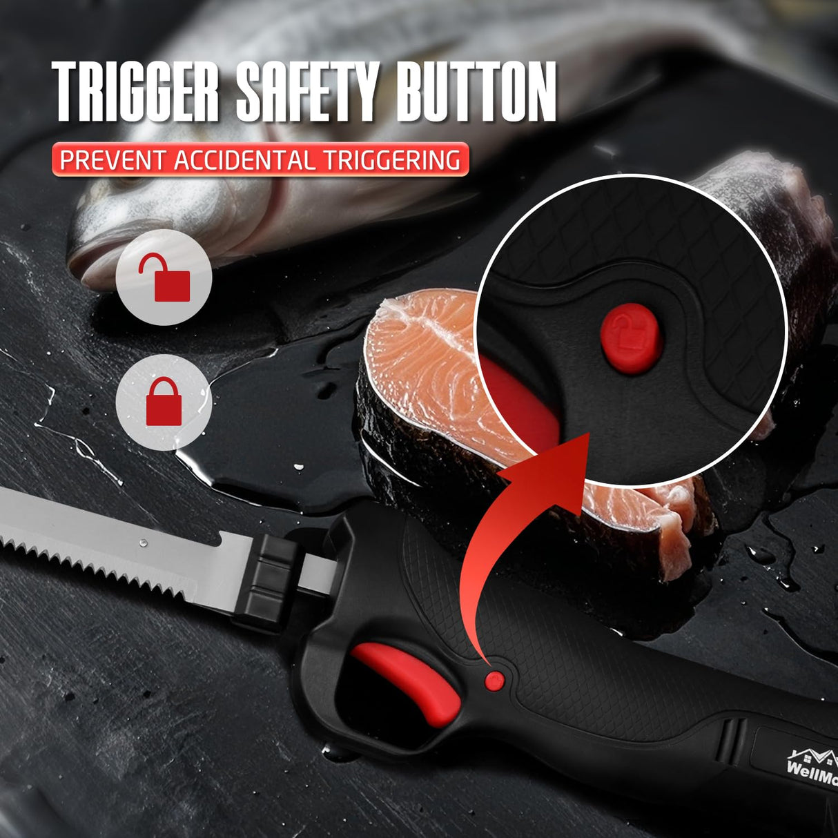 WellMall Cordless Electric Fillet Knife - Electric Fillet Knife for Fish with 4 Stainless Steel Blades, Cordless, with Safe Lock, Non-Slip Grip Handle WellMall