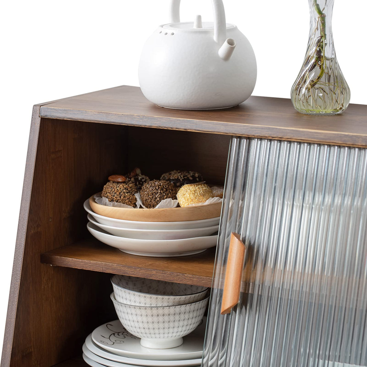 HollyHOME Small Bamboo Kitchen Pantry Sideboard with 2 Sliding Striped Glass Doors, Freestanding Countertop Storage Cabinet for Bottles, Dish, Bowl, Console Dining Cupboard, Walnut HollyHOME