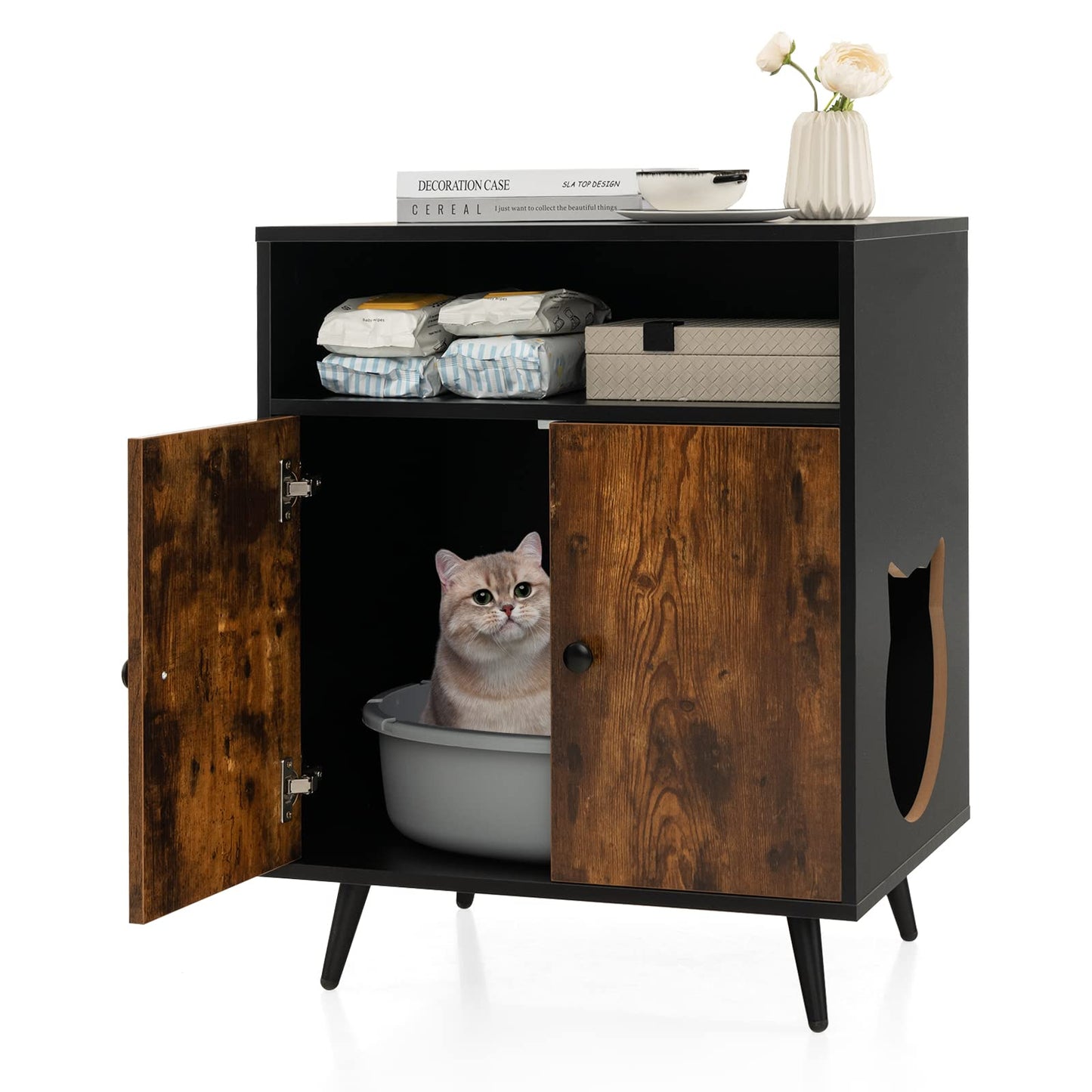 PETSITE Cat Litter Box Enclosure, Wooden Enclosed Litter Box with Shelves, Hidden Litter Box Furniture End Table - WoodArtSupply