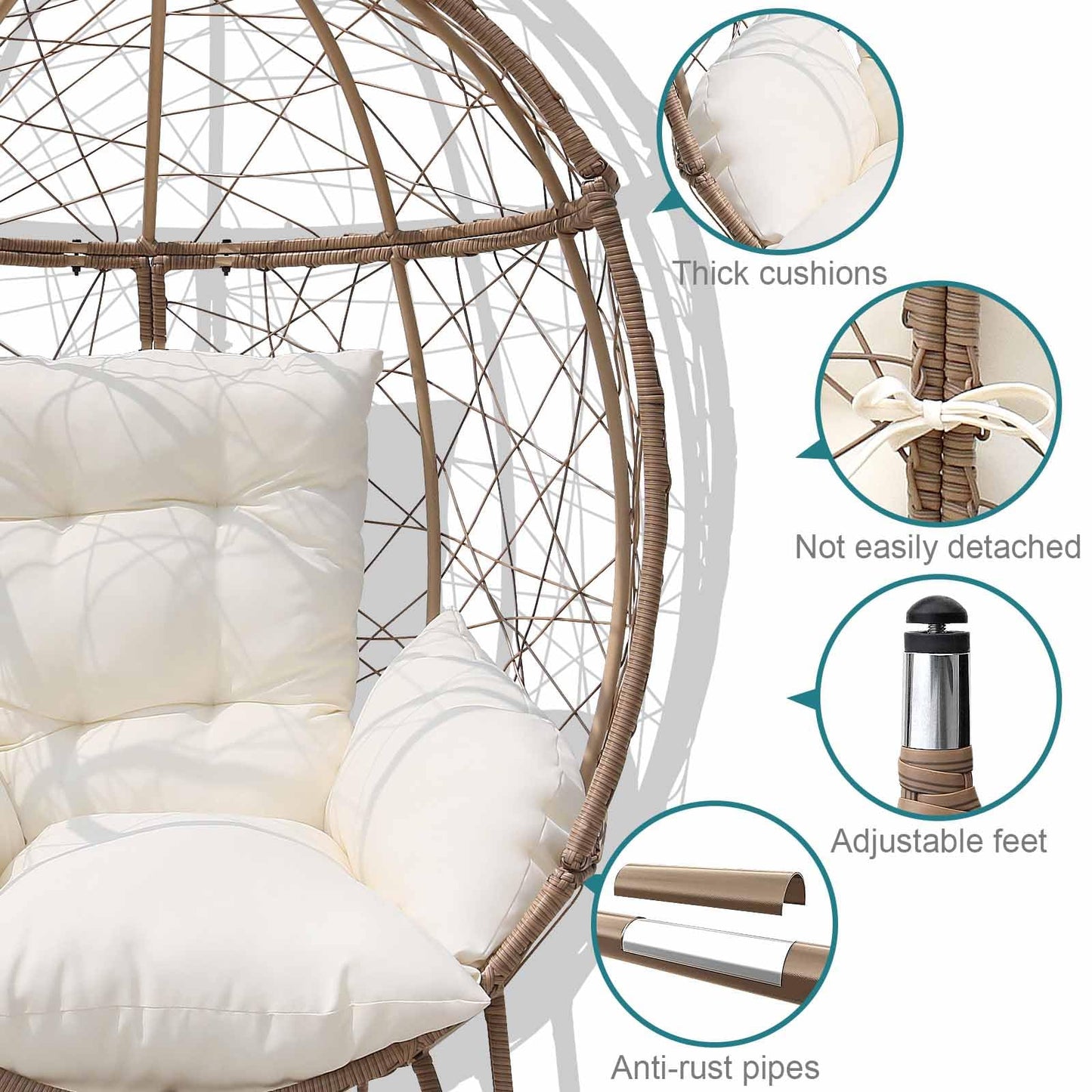 FKSLIFE Wicker Egg Chair with Stand Cushion Outdoor Indoor Lounger Egg Basket Chair for Living Room, Backyard, Balcony, Patio (Beige) - WoodArtSupply