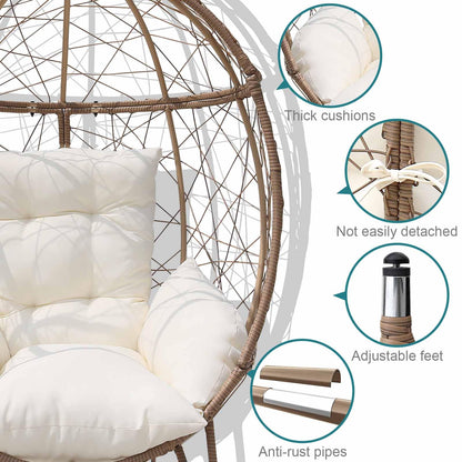 FKSLIFE Wicker Egg Chair with Stand Cushion Outdoor Indoor Lounger Egg Basket Chair for Living Room, Backyard, Balcony, Patio (Beige) - WoodArtSupply