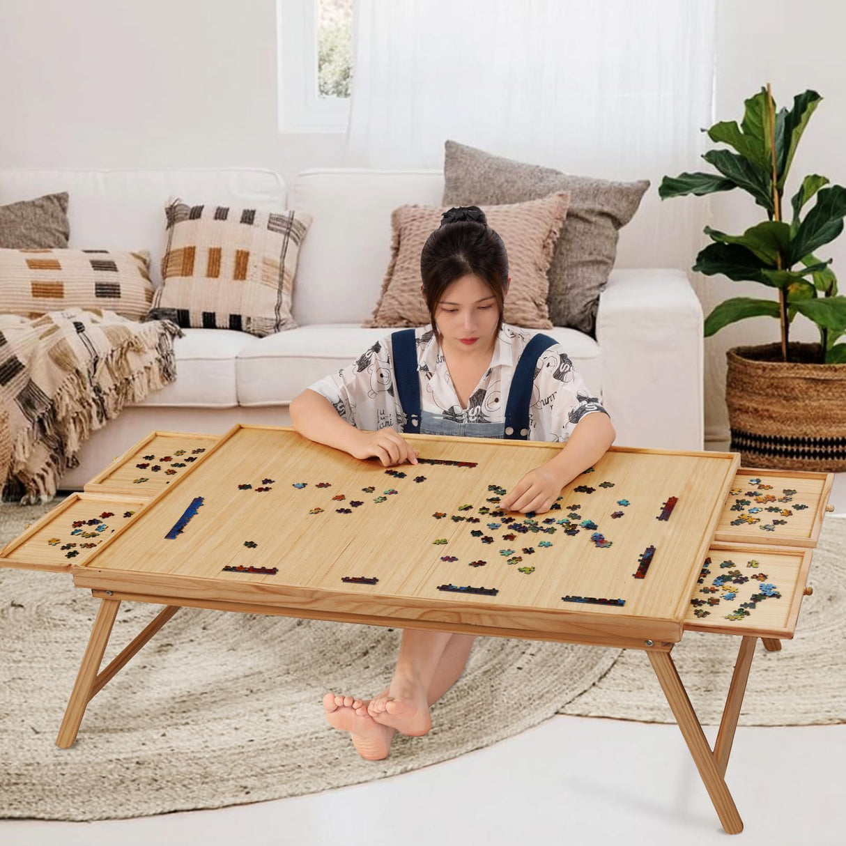 2000 Piece Portable Puzzle Table with Folding Legs, 41.3"X27.5" Wooden Jigsaw Puzzle Board with 4 Drawers & Cover, Family Multifunctional Folding Table for Adults and Kids TEAKMAMA