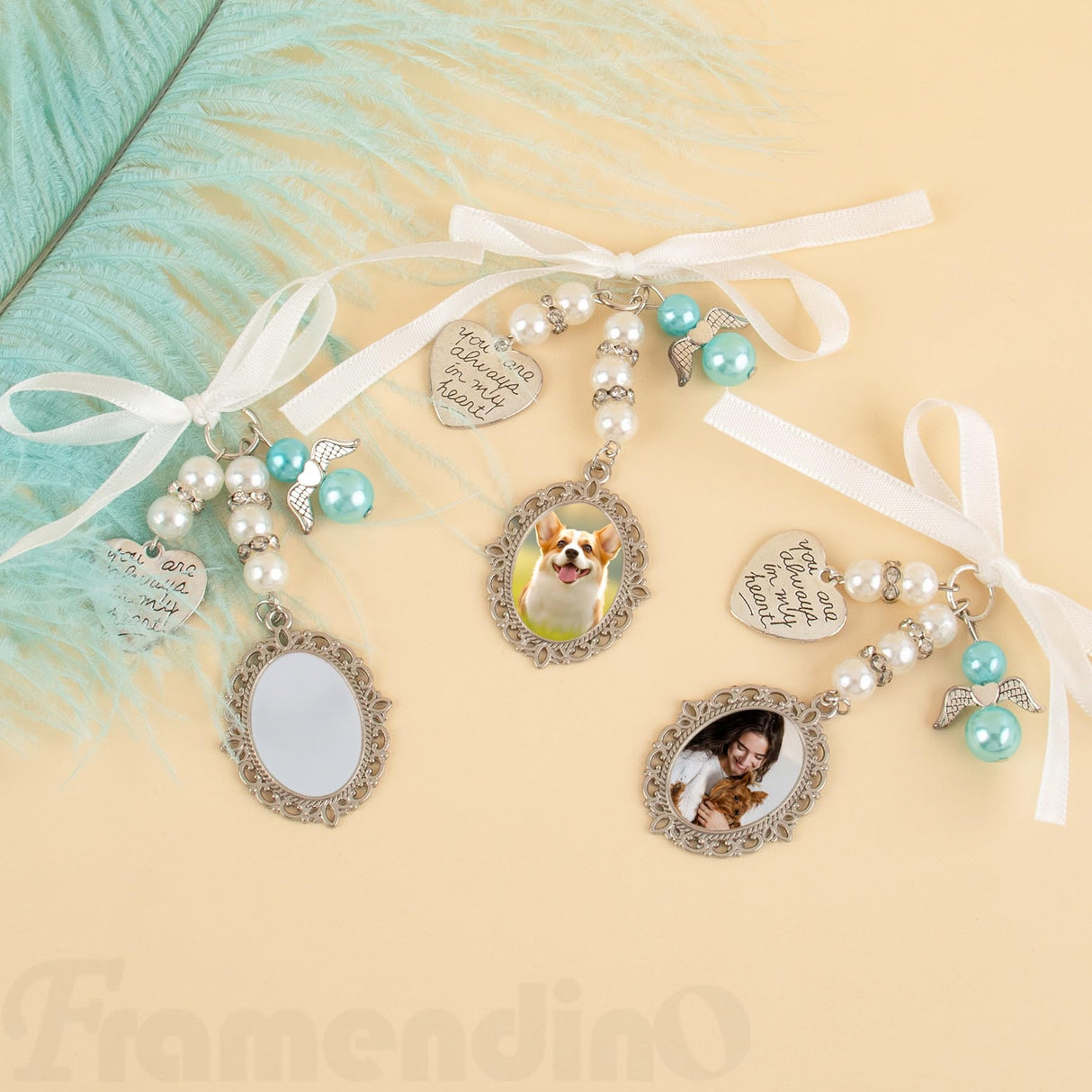 Framendino, 4 Pack Sublimation Blank Bouquet Photo Charms for Wedding Memory Bridal Bouquet Picture Charm Bouquet Memorial Charm DIY Jewelry Making 1 Sheet Round Framendino