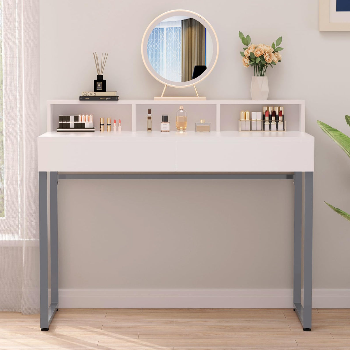 GreenForest Vanity Desk with 2 Drawers, White Makeup Desk with 3 Storage Spaces, 40 inch Small Desk with Silver Metal Legs, Modern Home Office Desk for Kids, Bedroom (No Mirror) GreenForest