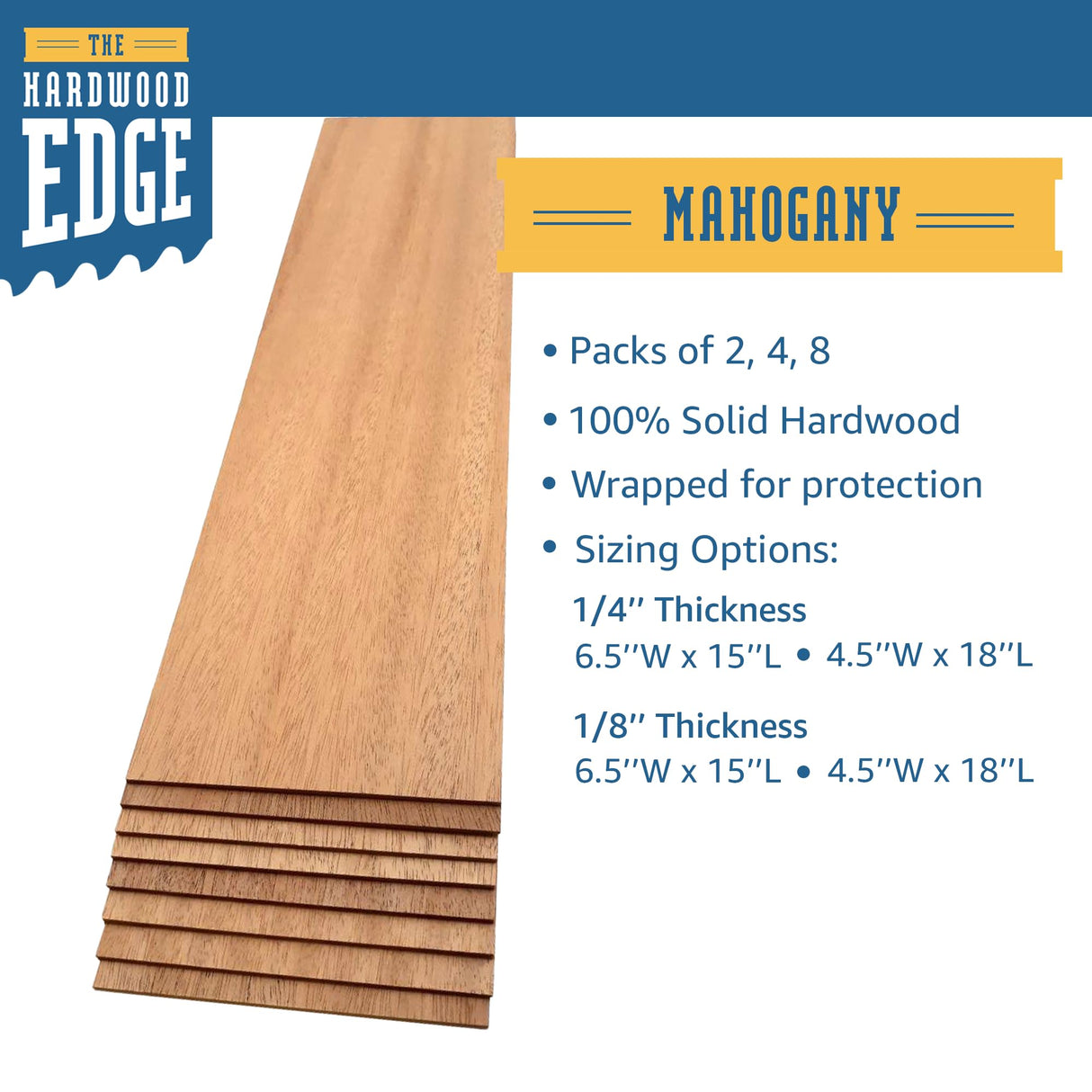 The Hardwood Edge Mahogany Hardwood Planks - 4-Pack Mahogany Wood for Unfinished Wood Crafts - 1/8’’ (3mm) 100% Pure Hardwood - Laser Engraving THE HARDWOOD EDGE