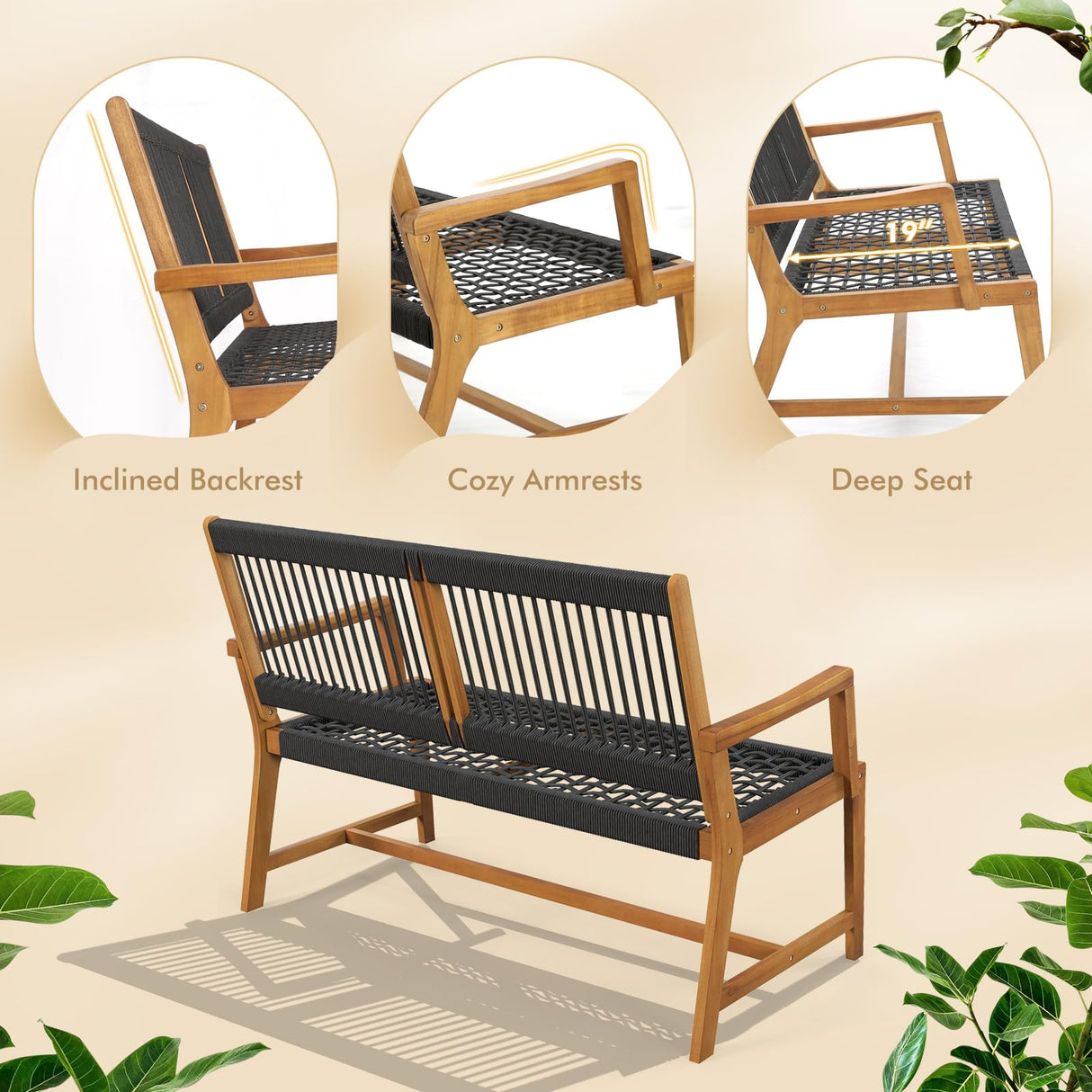 Tangkula Acacia Wood Outdoor Bench with Breathable Rope, 2-Person All-Weather Patio Seating Tangkula