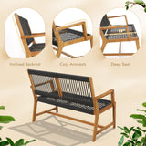 Tangkula Acacia Wood Outdoor Bench with Breathable Rope, 2-Person All-Weather Patio Seating Tangkula