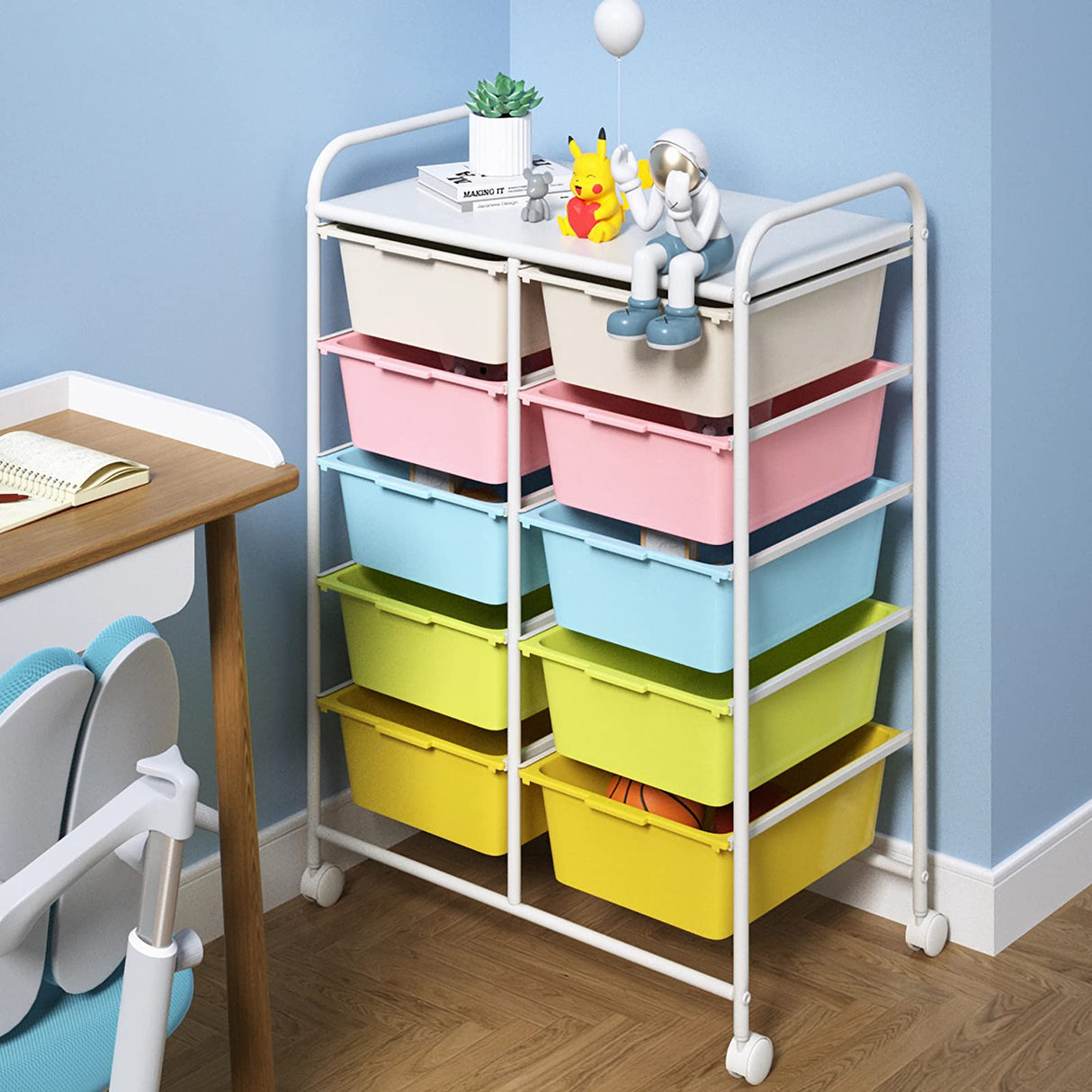 Ytaoka 10 Drawers Rolling Storage Cart, Plastic Drawer Cart with Metal Frame, Multipurpose Art Craft Cart Organizer with Wheels, Utility Cart with Drawers for Home, Office, School, Multicolor Ytaoka
