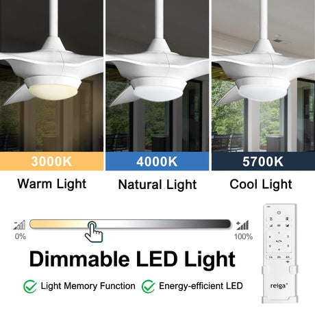 reiga 52 Inch Smart White Ceiling Fan with Light and Remote, ETL Listed Quiet DC Motor 3 Blade Indoor Outdoor Ceiling Fans for Bedroom Living Room Patios reiga