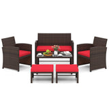 Tangkula 6 Pieces Patio Furniture Set, Outdoor Sectional Conversation PE Rattan Sofa Set with 1 Loveseat, 1 Coffee Table, 2 Armchairs and 2 Ottomans for Garden, Deck, Backyard and Poolside (Red) Tangkula