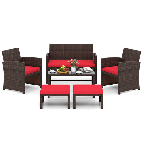 Tangkula 6 Pieces Patio Furniture Set, Outdoor Sectional Conversation PE Rattan Sofa Set with 1 Loveseat, 1 Coffee Table, 2 Armchairs and 2 Ottomans for Garden, Deck, Backyard and Poolside (Red) Tangkula