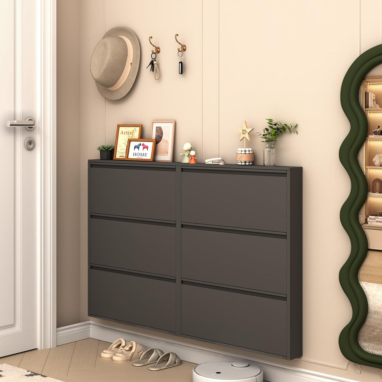 LUCYPAL Shoe Cabinet Storage for Entryway,Black Metal Shoe Cabinet with 3 Flip Drawers,Narrow Wall Shoe Storage Cabinet for Entryway,Hallway,Living Room,Require Assembly LUCYPAL