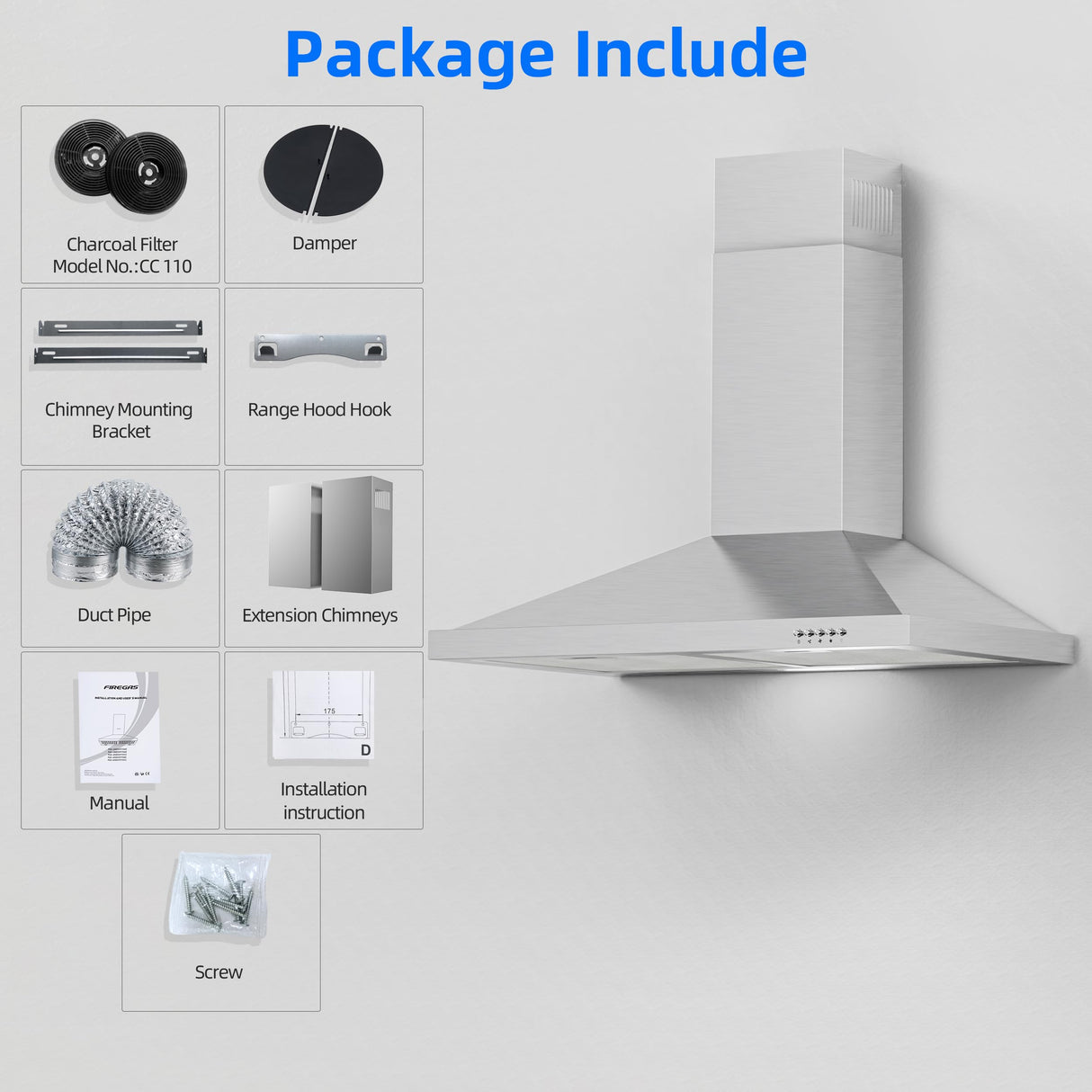 FIREGAS Range Hood 30 inch Wall Mount with Ducted/Ductless Convertible, 450 CFM Stainless Steel Chimney-Style Kitchen Hood, Over Stove Vent Hood with 3 Speed Fan, LED Light, Charcoal Filters FIREGAS