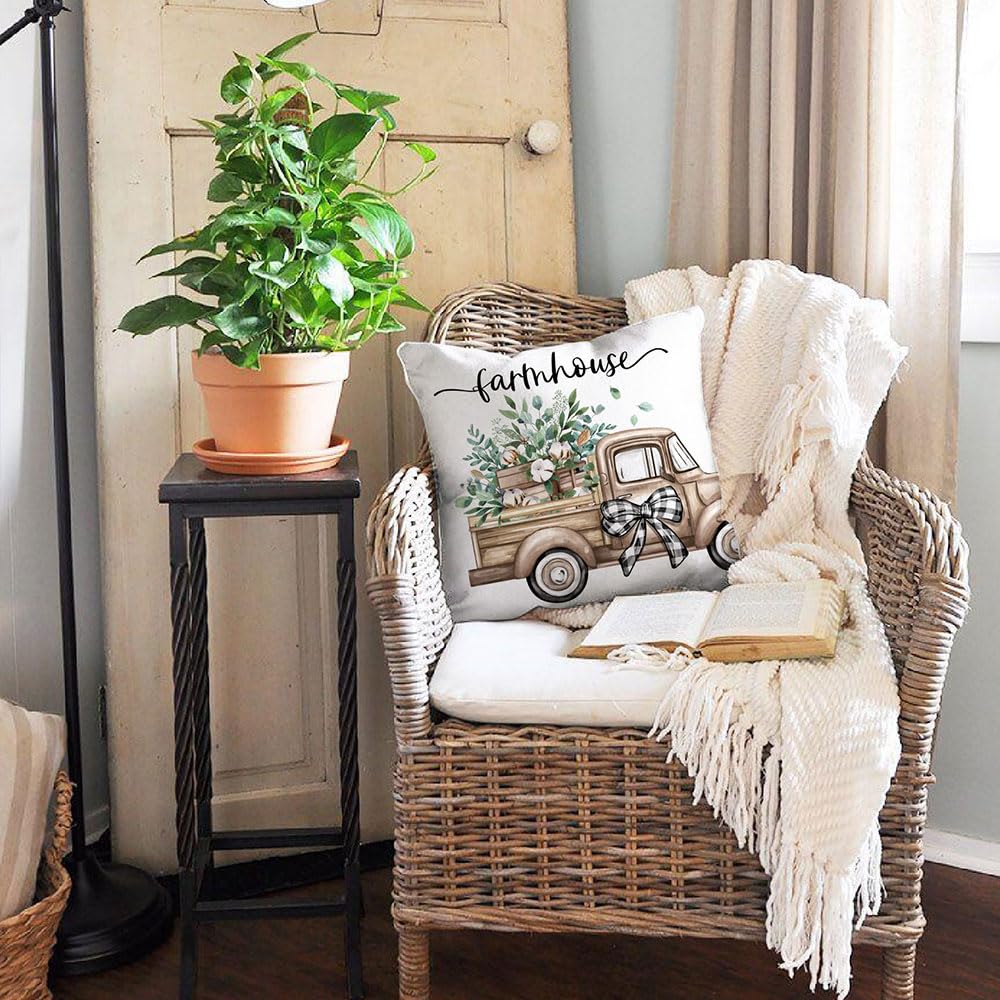 DFXSZ Farmhouse Pillow Covers 18x18 Set of 4 Eucalyptus Leaves Decorations Truck Sweet Home Spring Pillow Covers, Polyester Cushion Case Gifts for Home Decor 175 DFXSZ