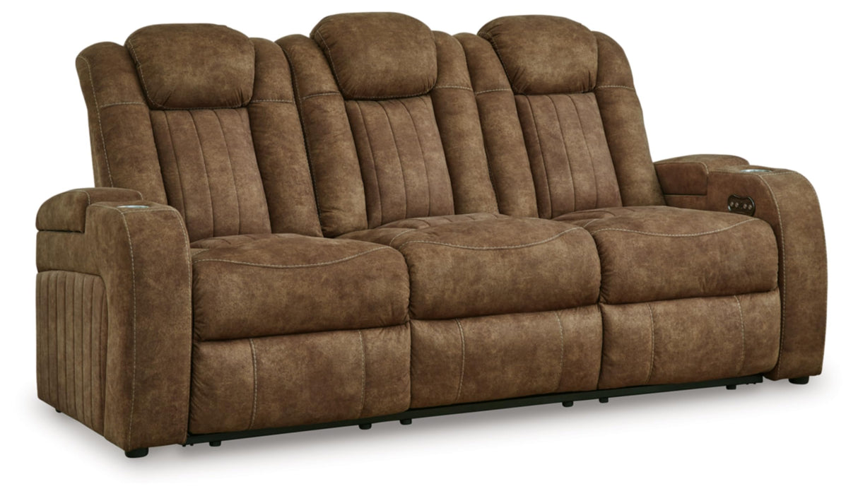 Signature Design by Ashley Wolfridge Contemporary Faux Leather Power Reclining Sofa with Drop Down Table, LED Lights, Electrical Outlet, Wireless Charging, USB Ports and Cup Holders, Light Brown Signature Design by Ashley