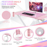 YOUTHUP Pink Gaming Desk with LED Lights, 55" Z Shaped RGB Gaming Computer Table, Ergonomic PC Workstation with Remote Control, Cup Holder, Handle Rack, Headphone Hook, Mouse Pad for Home Office Use YOUTHUP