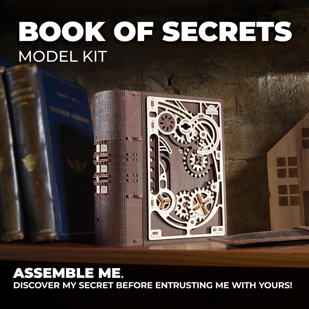 UGEARS Book of Secrets Puzzle Box - 3D Wooden Puzzles for Adults, Fun Wood Steampunk Combination-Lock - DIY Building Mechanical Model Kit for Fathers Day and Hobby Enthusiasts - 263 Pcs UGEARS