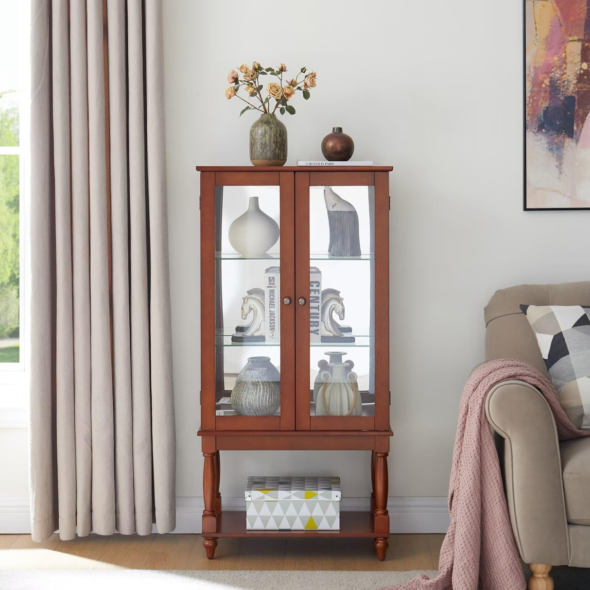 48"H Curio Cabinet Lighted Curio Diapaly Cabinet with Open Storage Space,Solid Wood Legs and adjustable Shelves,Acrylic Mirrored Back Panel,Tempered Glass Doors,3 Tier and one open space,Walnut JIJIWANG