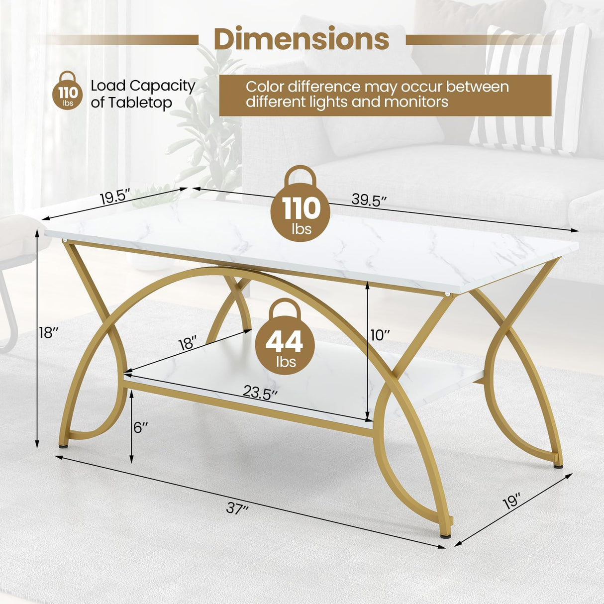 COSTWAY Marble Coffee Table, 2-Tier Modern Faux Marble Accent Table with Storage and Gold Finished Metal Frame, Chic Rectangular End Table for Living Room Office Lounge COSTWAY