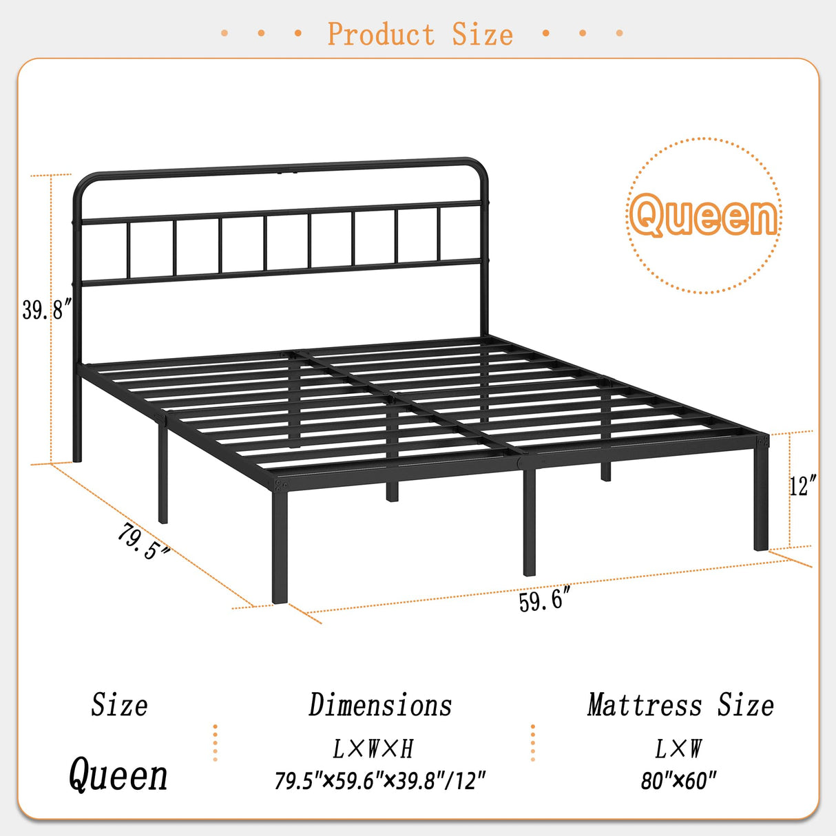 Kujielan 12 inches Queen Size Bed Frame with Minimalist headboard,Metal Platform Base with Strong Metal Slats,Mattress Foundation for Under Bed Storage,Easy Assembly,Black Kujielan