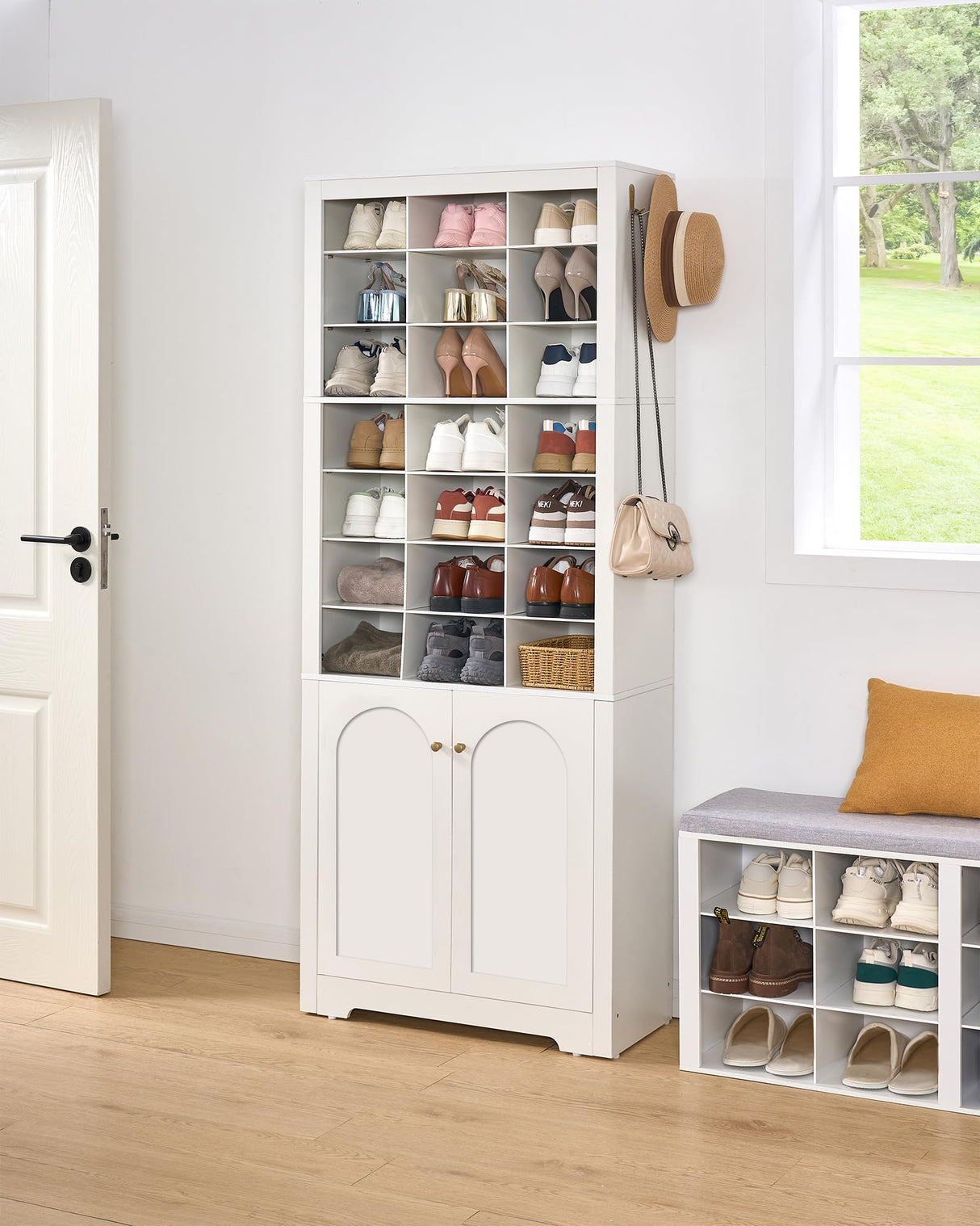 Huaneri Shoe Storage Cabinet with Doors, 30 Pairs Free Standing Closet Organizer, 8.8" Widened Cell Wood Shoe Organizer, 10 Tiers Space Saving Vertical Shoe Rack for Entryway, Bedroom, White SR18903X Hzuaneri